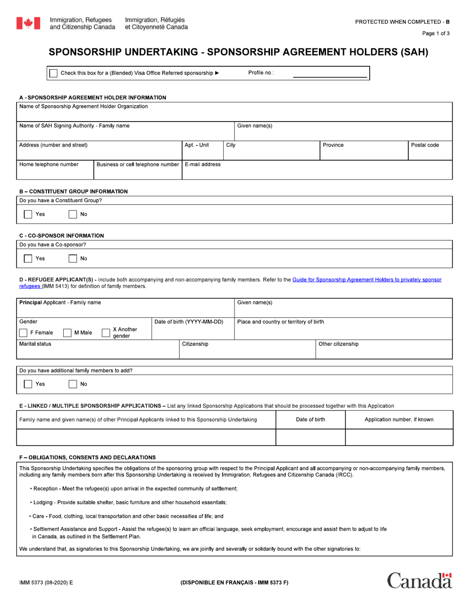 Form IMM5373 Sponsorship Undertaking - Sponsorship Agreement Holders (Sah) - Canada, Page 1