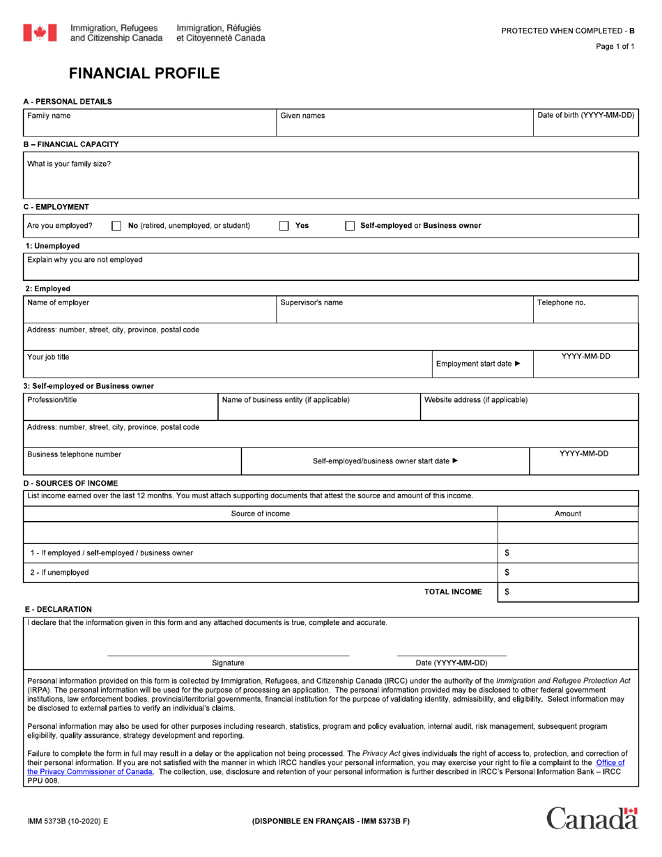 Form IMM5373B Financial Profile - Group of Five - Canada, Page 1
