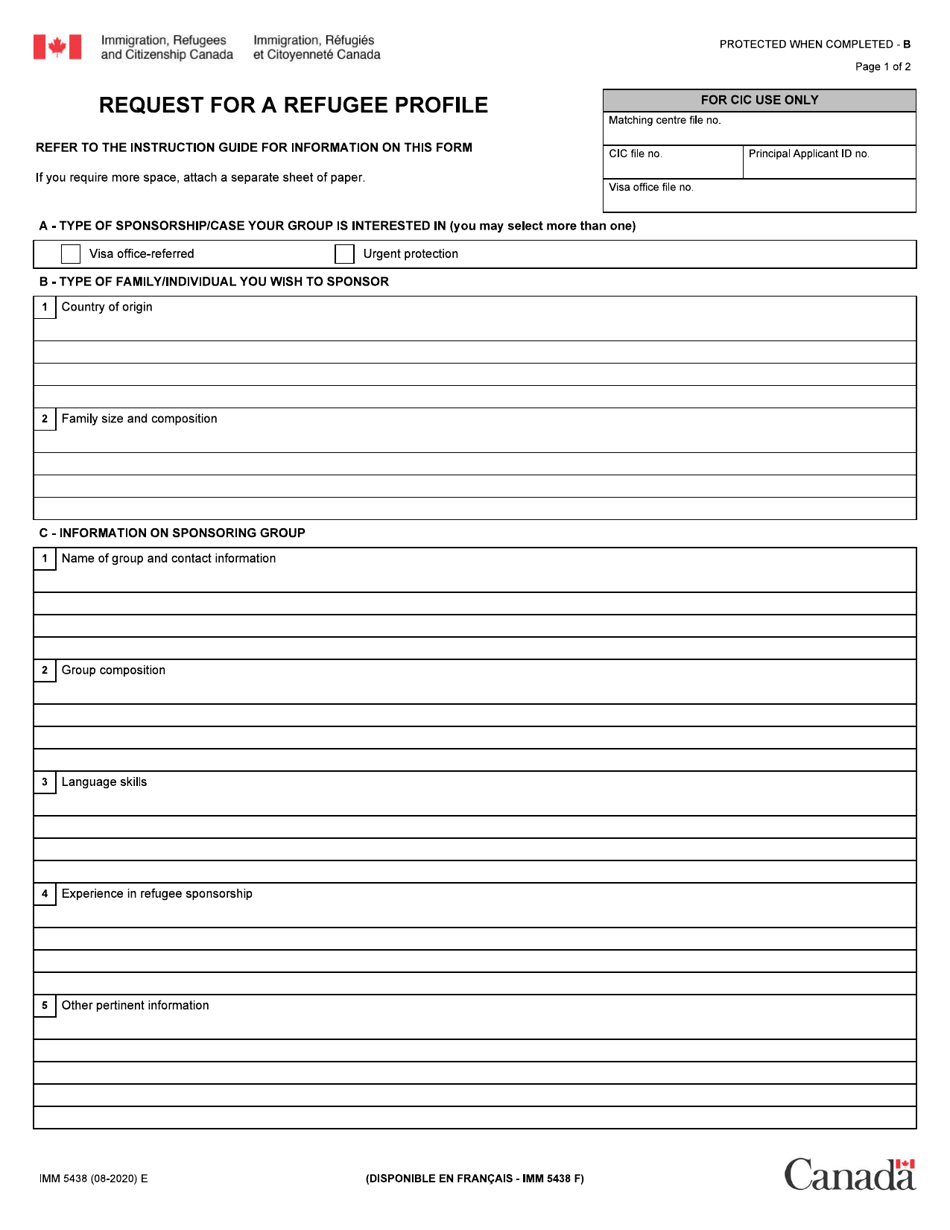 Form IMM5438 Request for a Refugee Profile - Canada, Page 1
