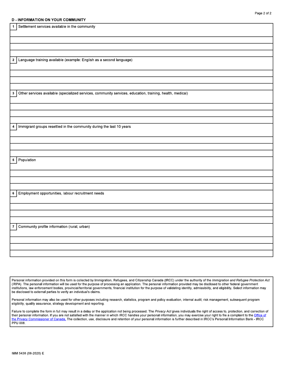Form IMM5438 Request for a Refugee Profile - Canada, Page 2