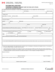 Form IMM5451 &quot;Solemn Declaration Concerning a Permanent Resident Card That Was Lost, Stolen, Destroyed or Never Received&quot; - Canada