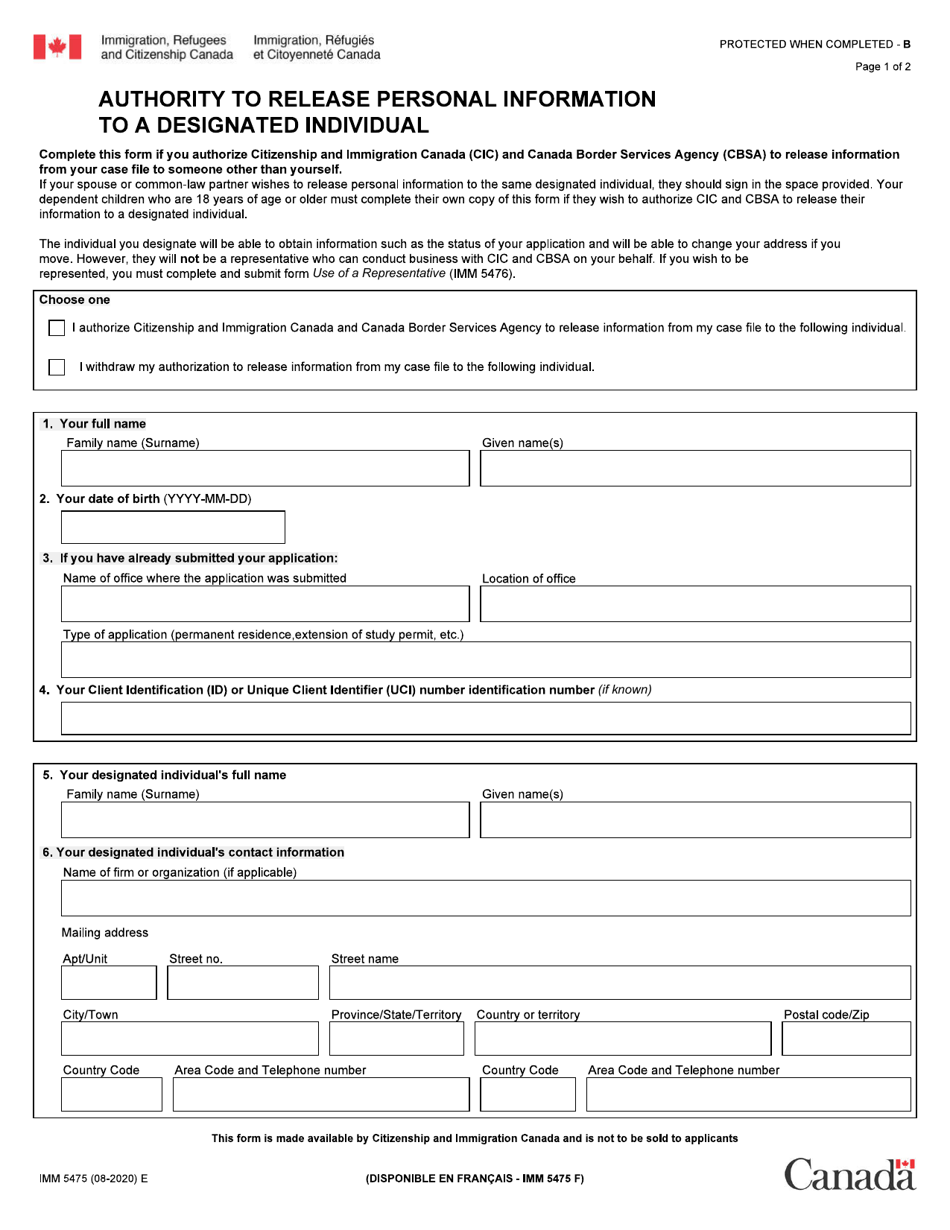 Form IMM5475 Authority to Release Personal Information to a Designated Individual - Canada, Page 1