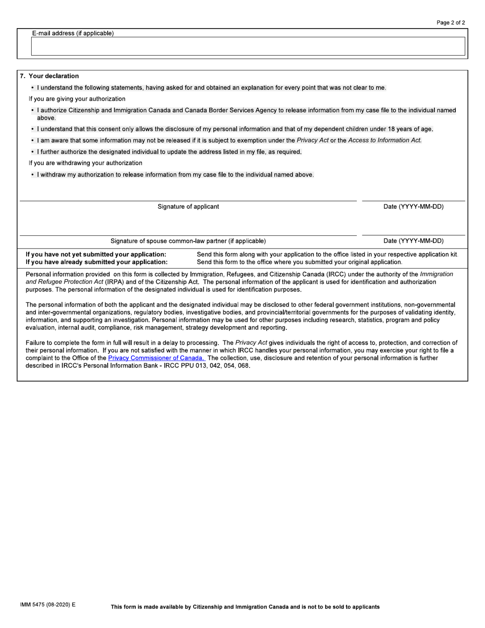 Form IMM5475 Authority to Release Personal Information to a Designated Individual - Canada, Page 2