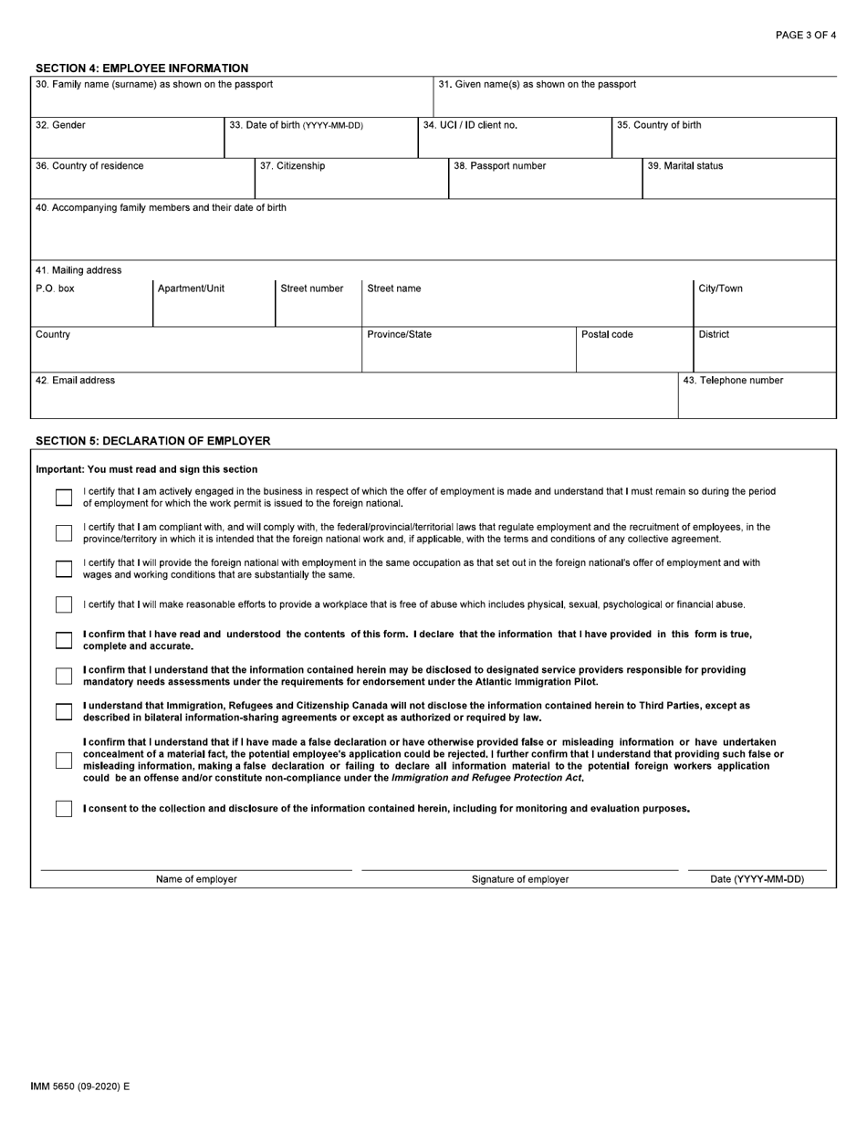 Form IMM5650 Offer of Employment to a Foreign National - Atlantic Immigration Pilot - Canada, Page 3