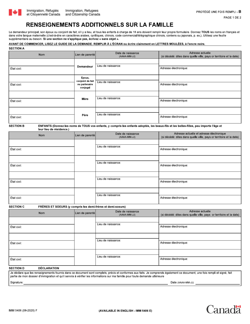 Forme IMM5406 Renseignements Additionnels Sur La Famille - Residence Permanente - Canada (French), Page 1