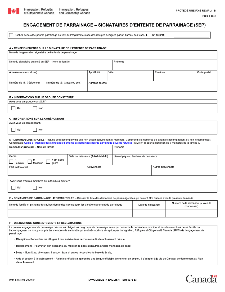Forme IMM5373 Engagement De Parrainage - Signataires Dentente De Parrainage (Sep) - Canada (French), Page 1