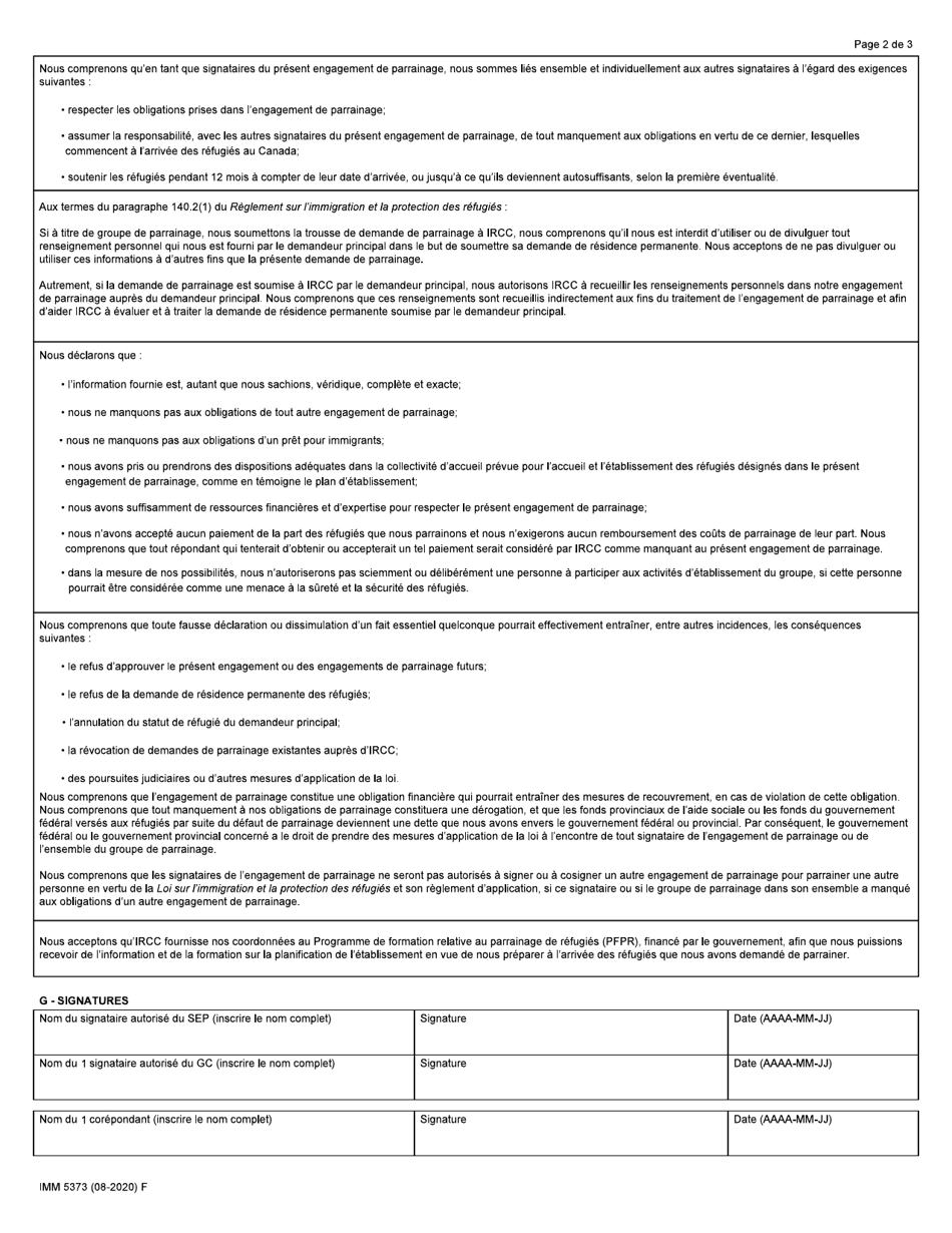 Forme IMM5373 Engagement De Parrainage - Signataires Dentente De Parrainage (Sep) - Canada (French), Page 2