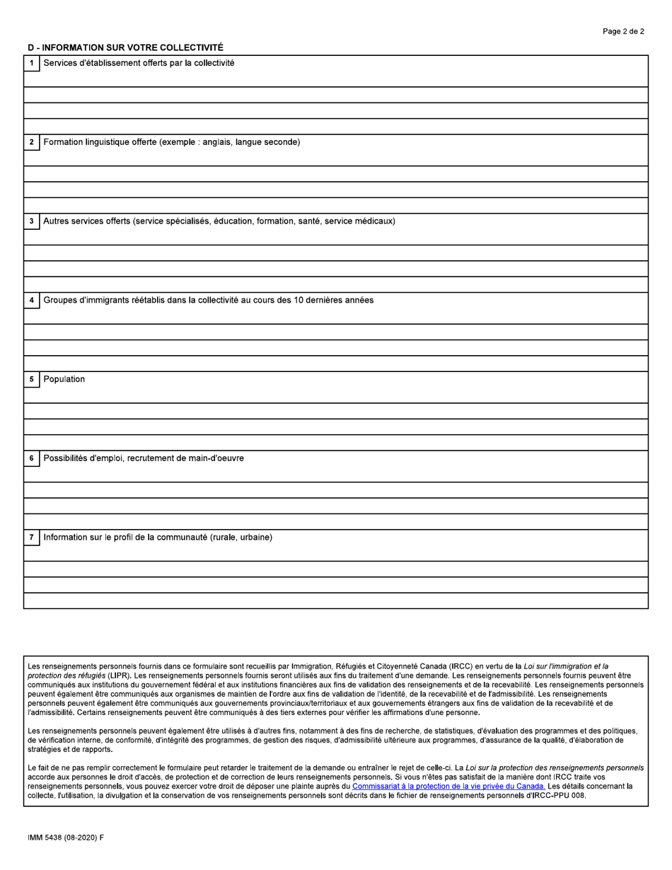 Forme IMM5438 Demande Dun Profil De Refugie - Canada (French), Page 2