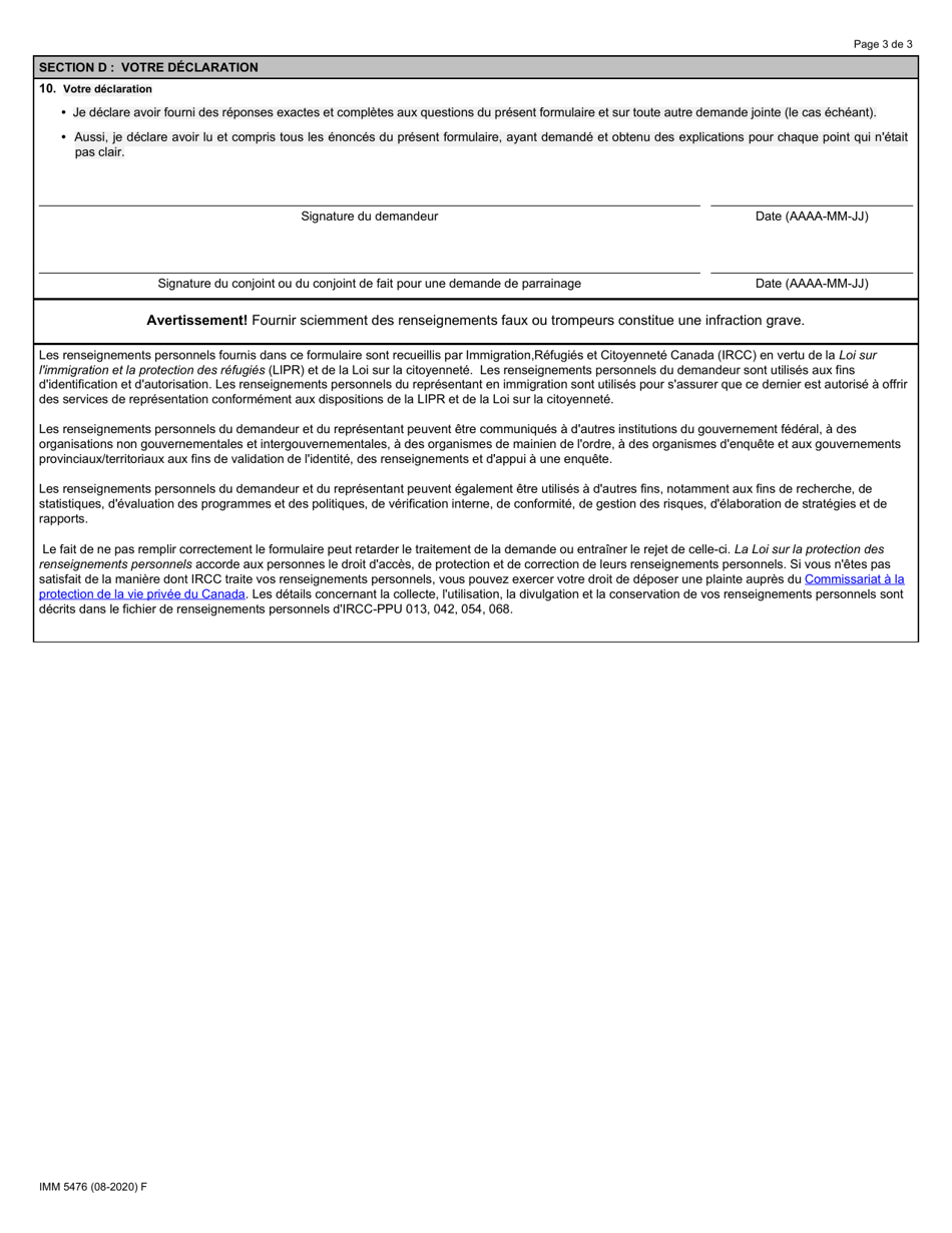 Forme IMM5476 Recours Aux Services Dun Representant - Canada (French), Page 3