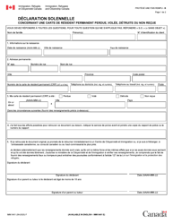 Document preview: Forme IMM5451 Declaration Solennelle Concernant Une Carte De Resident Permanent Perdue, Volee, Detruite Ou Non Recue - Canada (French)