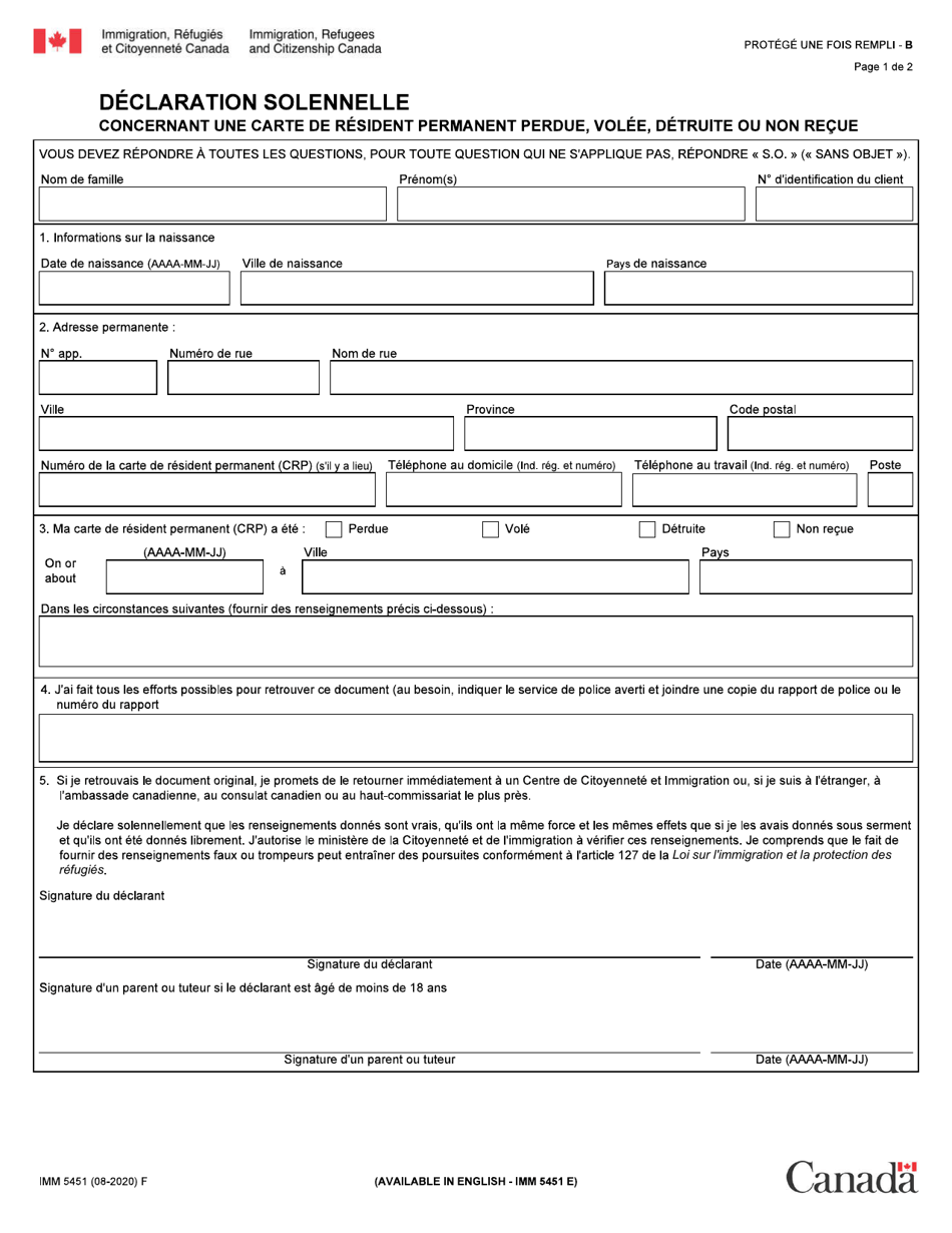 Forme IMM5451 Declaration Solennelle Concernant Une Carte De Resident Permanent Perdue, Volee, Detruite Ou Non Recue - Canada (French), Page 1