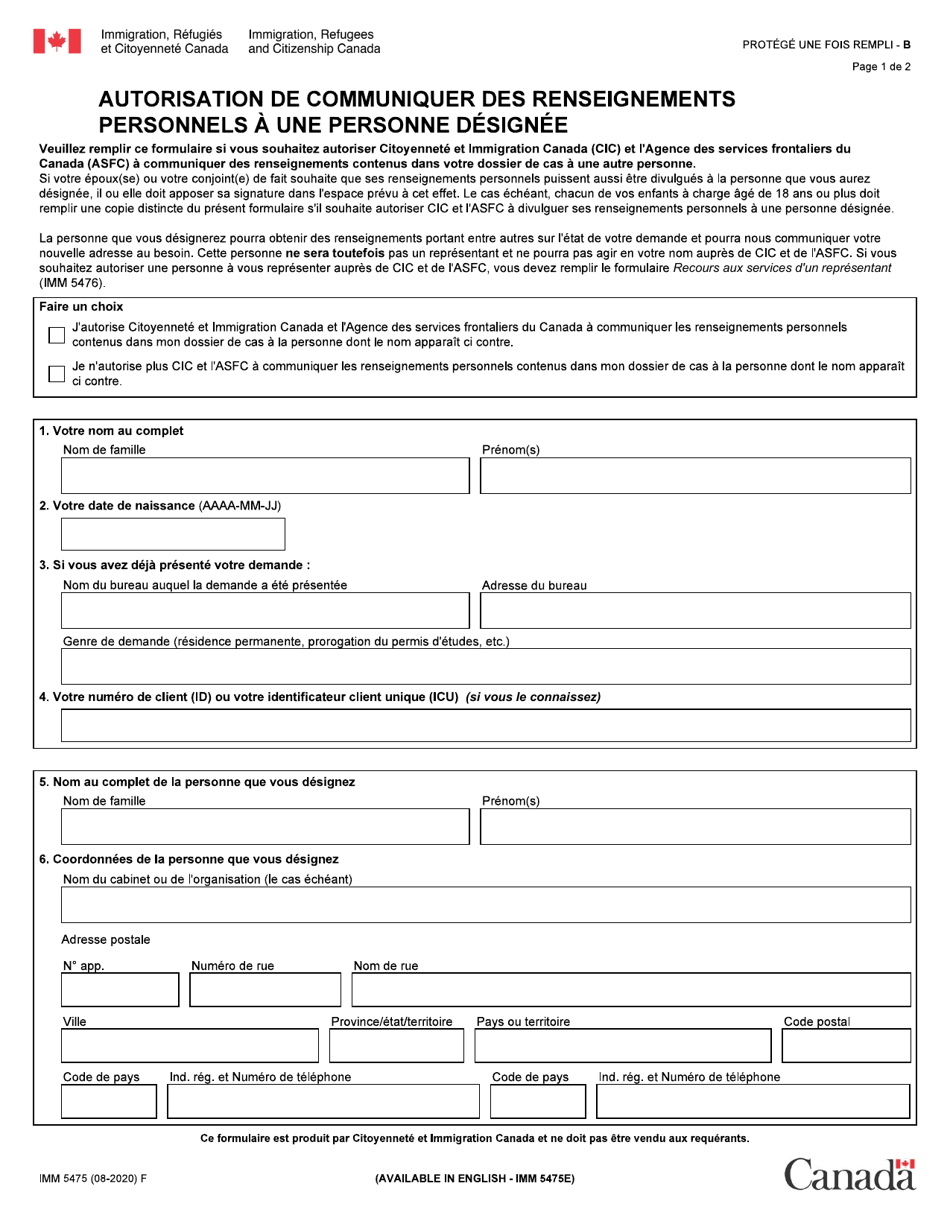 Forme IMM5475 Autorisation De Communiquer DES Renseignements Personnels a Une Personne Designee - Canada (French), Page 1