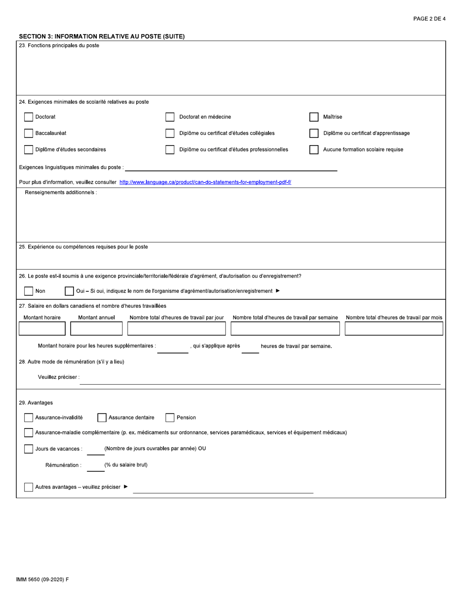 Forme IMM5650 Offre Demploi Presentee a Un Ressortissant Etranger - Programme Pilote Dimmigration Au Canada Atlantique - Canada (French), Page 2
