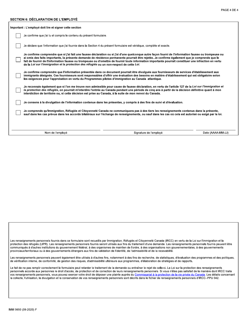 Forme IMM5650 Offre Demploi Presentee a Un Ressortissant Etranger - Programme Pilote Dimmigration Au Canada Atlantique - Canada (French), Page 4
