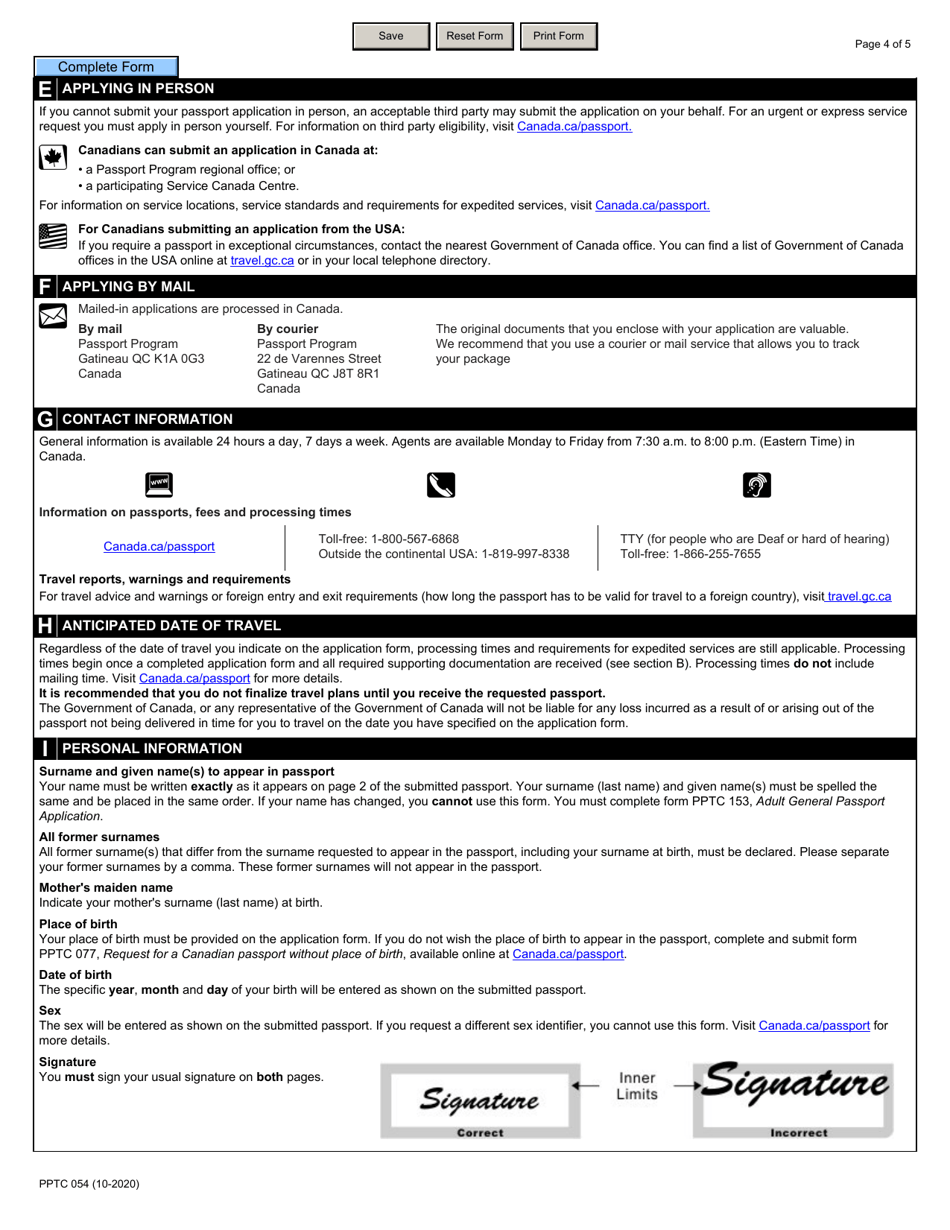Form PPTC054 Adult Simplified Renewal Passport Application for Eligible Canadians Applying in Canada or the Usa - Canada, Page 4