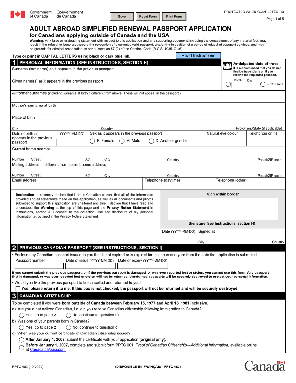 Form Pptc482 Adult Abroad Simplified Renewal Passport Application For Canadians Applying Outside Of Canada And The Usa Canada Print Big 