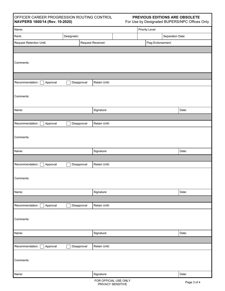 NAVPERS Form 1800 / 14 Officer Career Progression Routing Control, Page 3