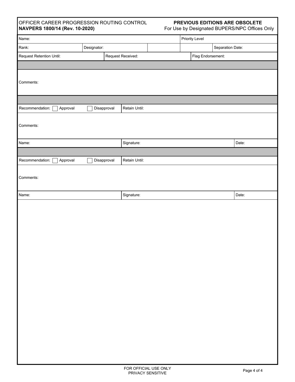 NAVPERS Form 1800 / 14 Officer Career Progression Routing Control, Page 4