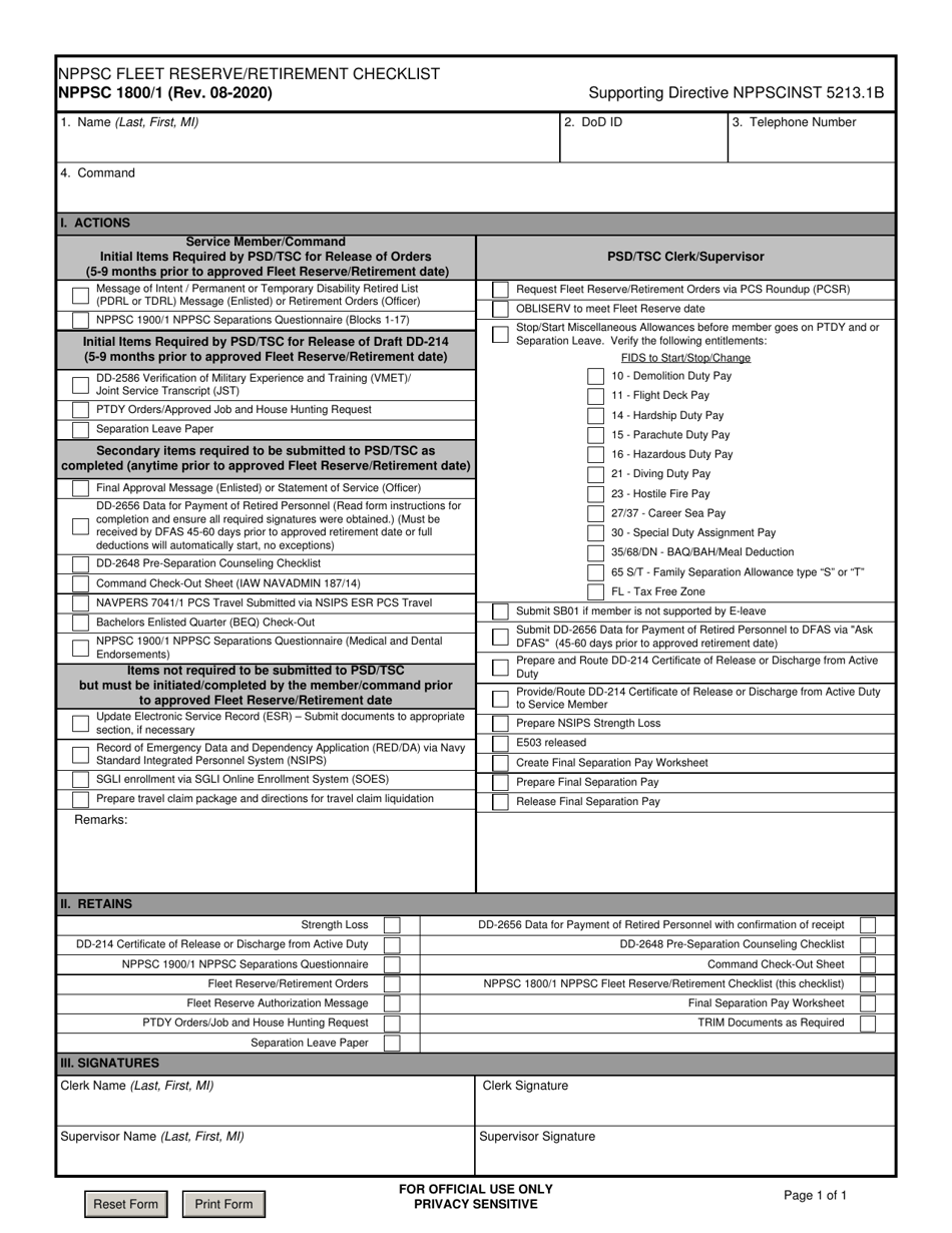 Form NPPSC1800 / 1 Nppsc Fleet Reserve / Retirement Checklist, Page 1