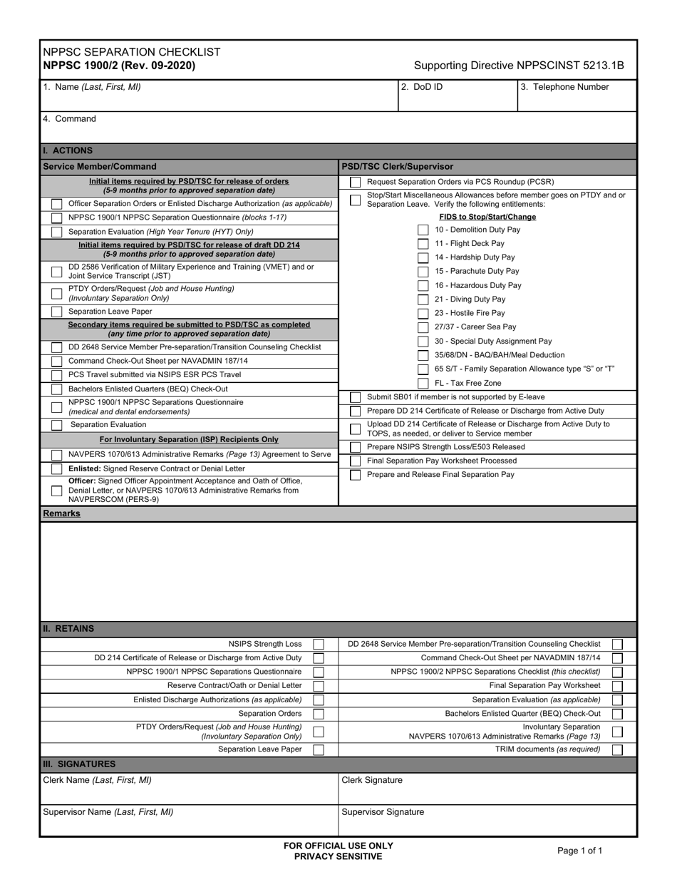 Form NPPSC1900 / 2 Nppsc Separations Checklist, Page 1