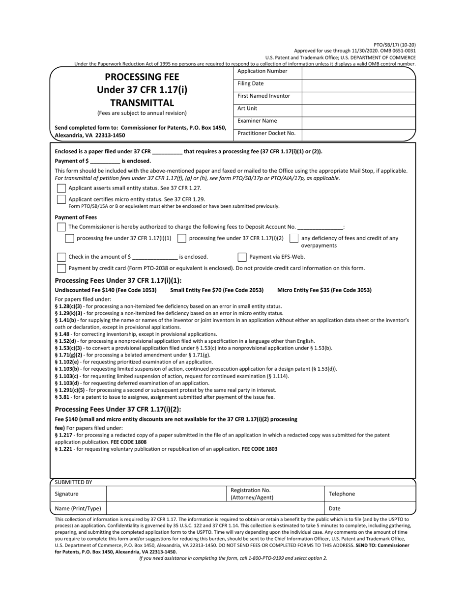 Form pto sb 17i download fillable pdf or fill online processing fee