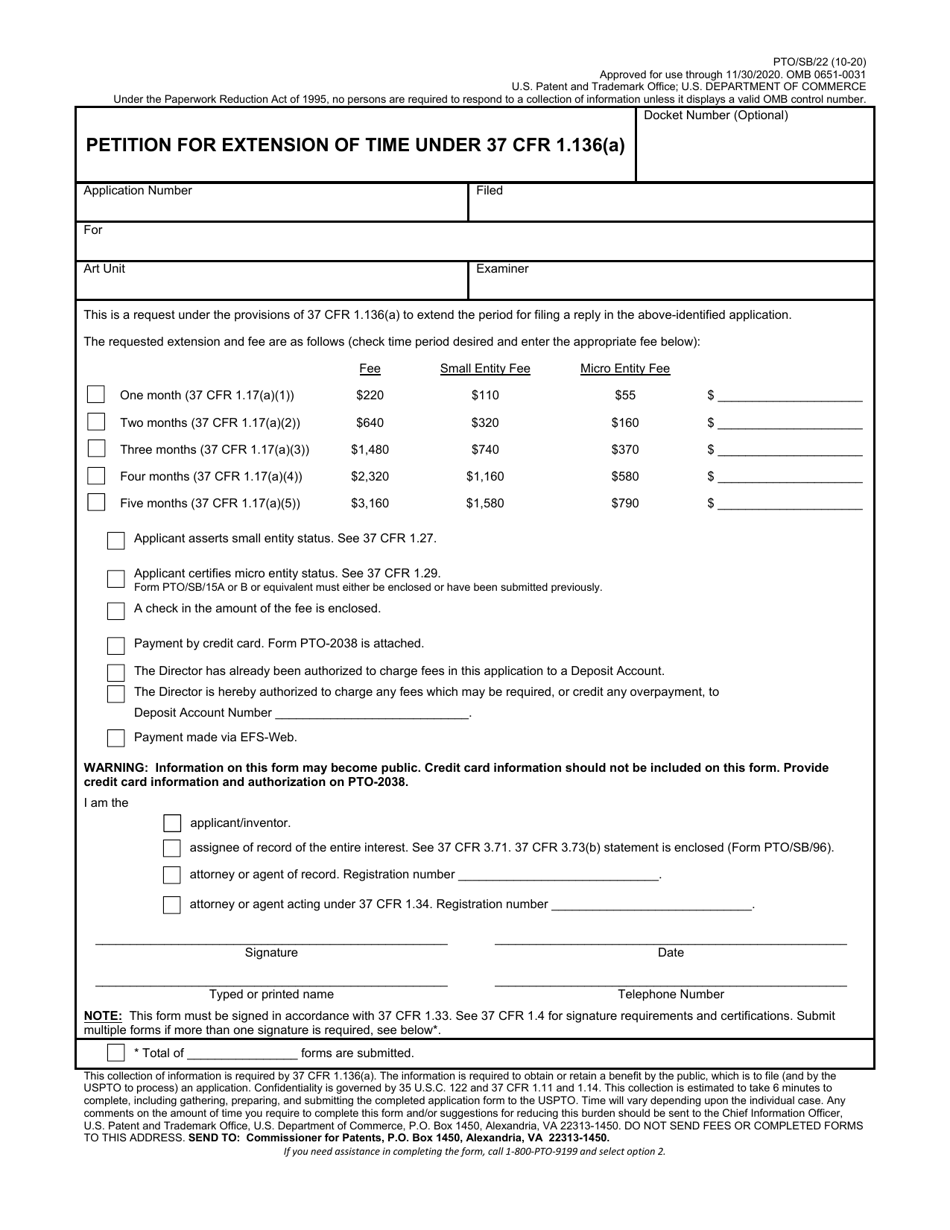 Form pto sb 22 download fillable pdf or fill online petition for