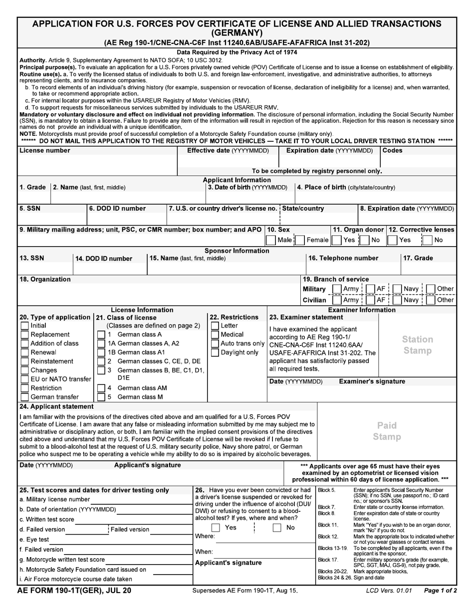 AE Form 190-1T(GER) Application for U.S. Forces Pov Certificate of License and Allied Transactions (Germany), Page 1