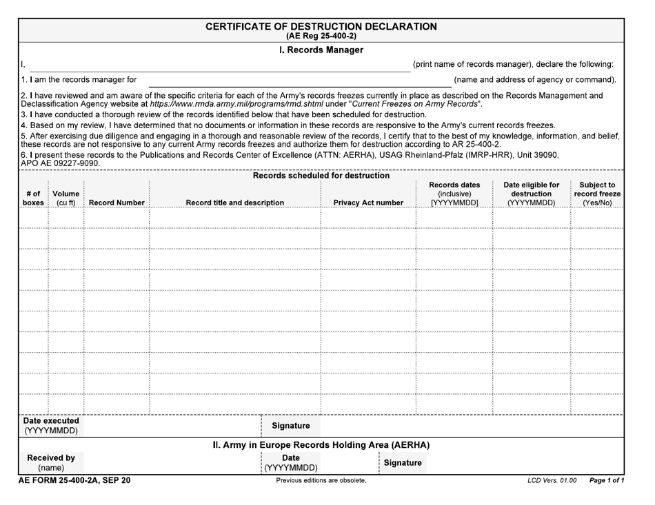 AE Form 25-400-2A Certificate of Destruction Declaration, Page 1