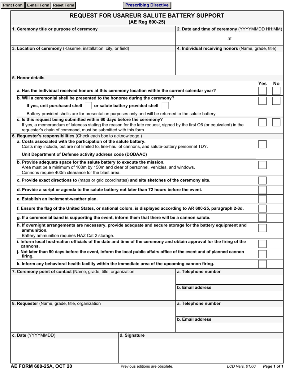 AE Form 600-25A Request for Usareur Salute Battery Support, Page 1