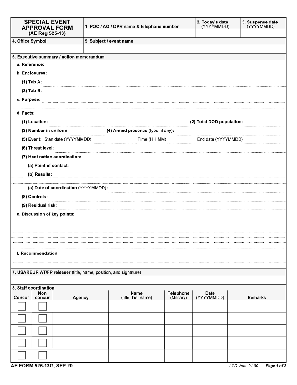 AE Form 525-13G Special Event Approval Form, Page 1