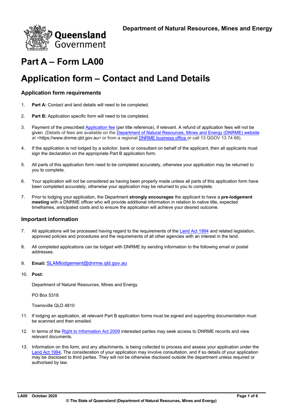 Form LA00 Part A Application Form - Contact and Land Details - Queensland, Australia, Page 1