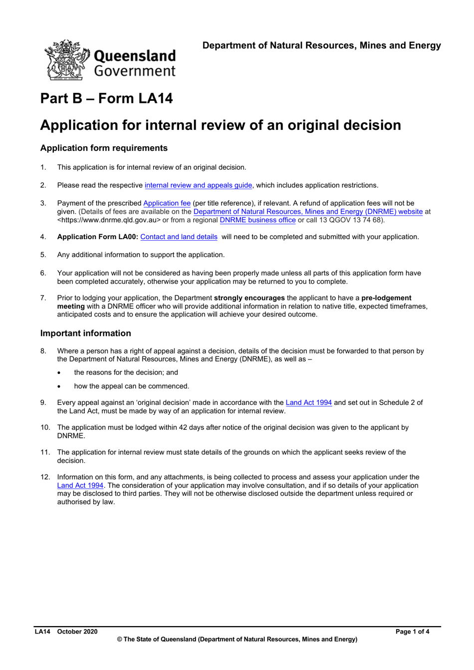 Form LA14 Part B Application for Internal Review of an Original Decision - Queensland, Australia, Page 1