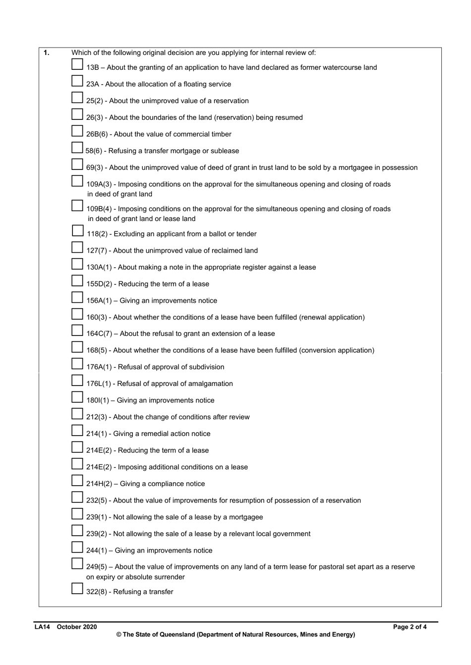 Form LA14 Part B Application for Internal Review of an Original Decision - Queensland, Australia, Page 2