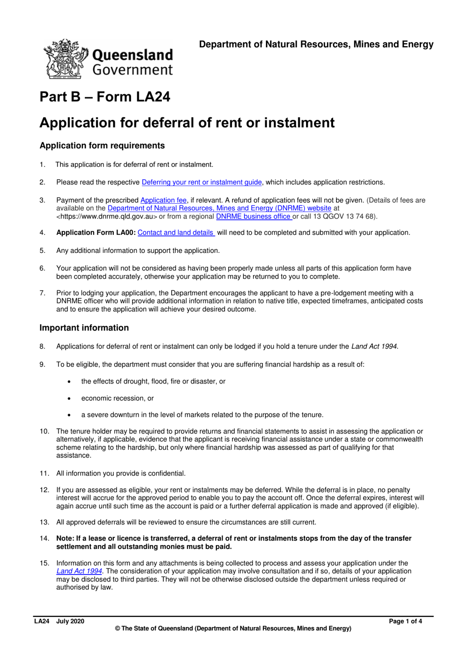 Form LA24 Part B Application for Deferral of Rent or Instalment - Queensland, Australia, Page 1
