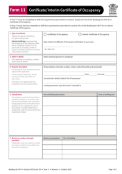 Form 11 &quot;Certificate/Interim Certificate of Occupancy&quot; - Queensland, Australia