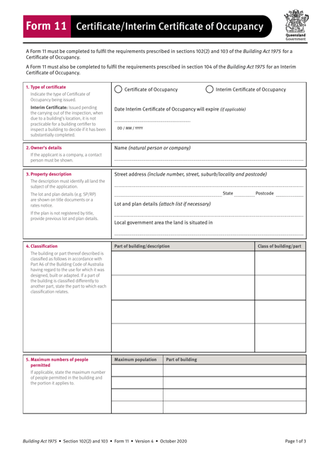 Form 11 Certificate/Interim Certificate of Occupancy - Queensland, Australia