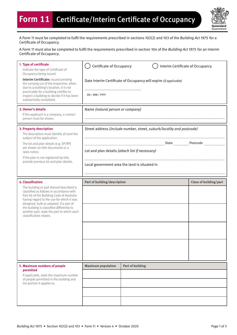 Form 11 Certificate / Interim Certificate of Occupancy - Queensland, Australia, Page 1
