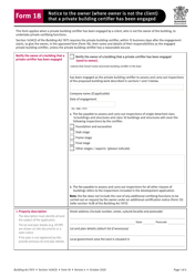 Document preview: Form 18 Notice to the Owner (Where Owner Is Not the Client) That a Private Building Certifier Has Been Engaged - Queensland, Australia