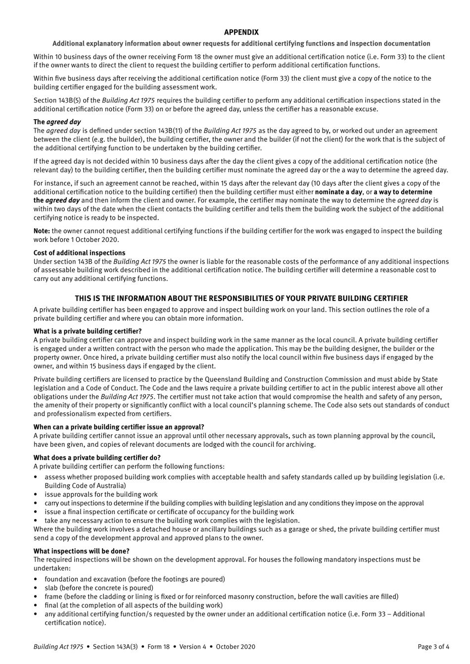 Form 18 Notice to the Owner (Where Owner Is Not the Client) That a Private Building Certifier Has Been Engaged - Queensland, Australia, Page 3