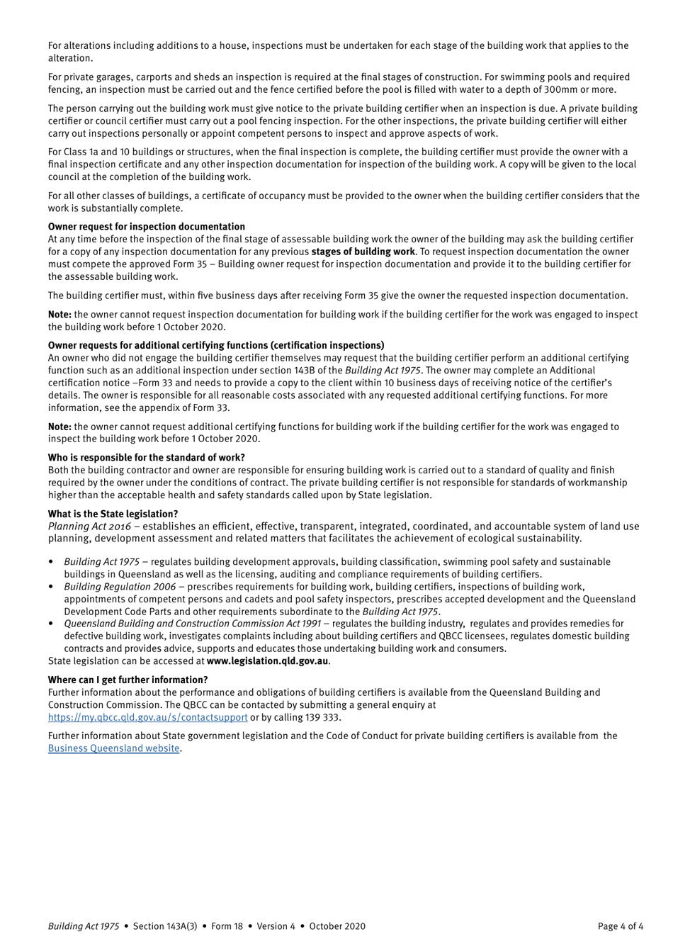 Form 18 Notice to the Owner (Where Owner Is Not the Client) That a Private Building Certifier Has Been Engaged - Queensland, Australia, Page 4