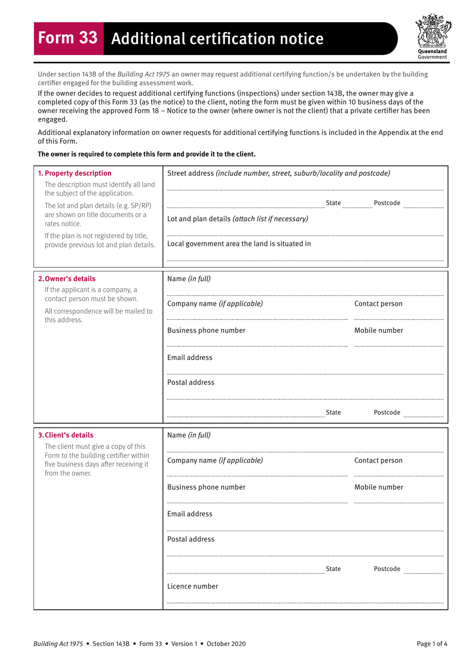 Form 33 Additional Certification Notice - Queensland, Australia, Page 1