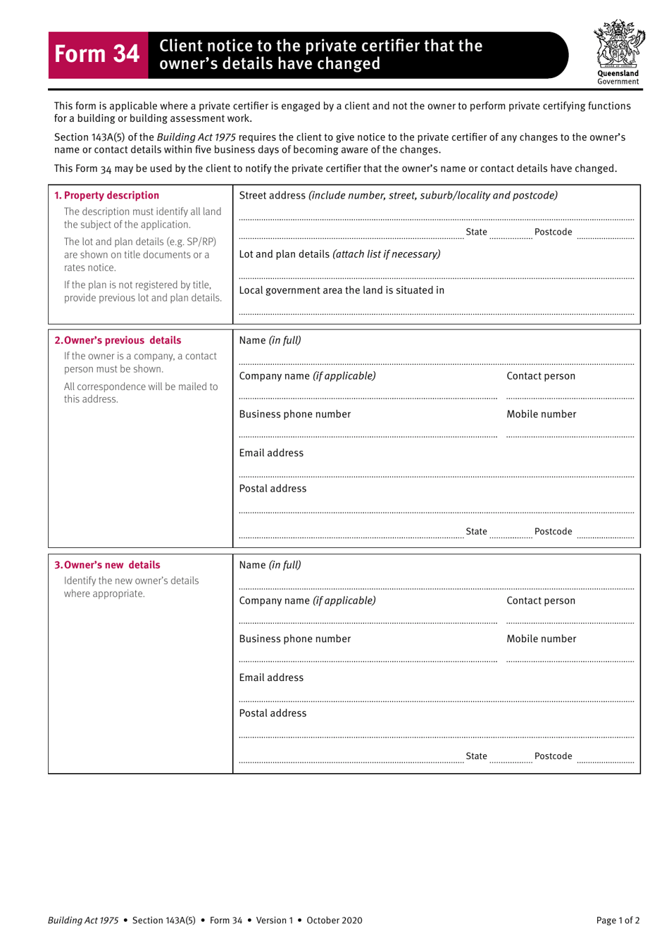 Form 34 Client Notice to the Private Certifier That the Owners Details Have Changed - Queensland, Australia, Page 1
