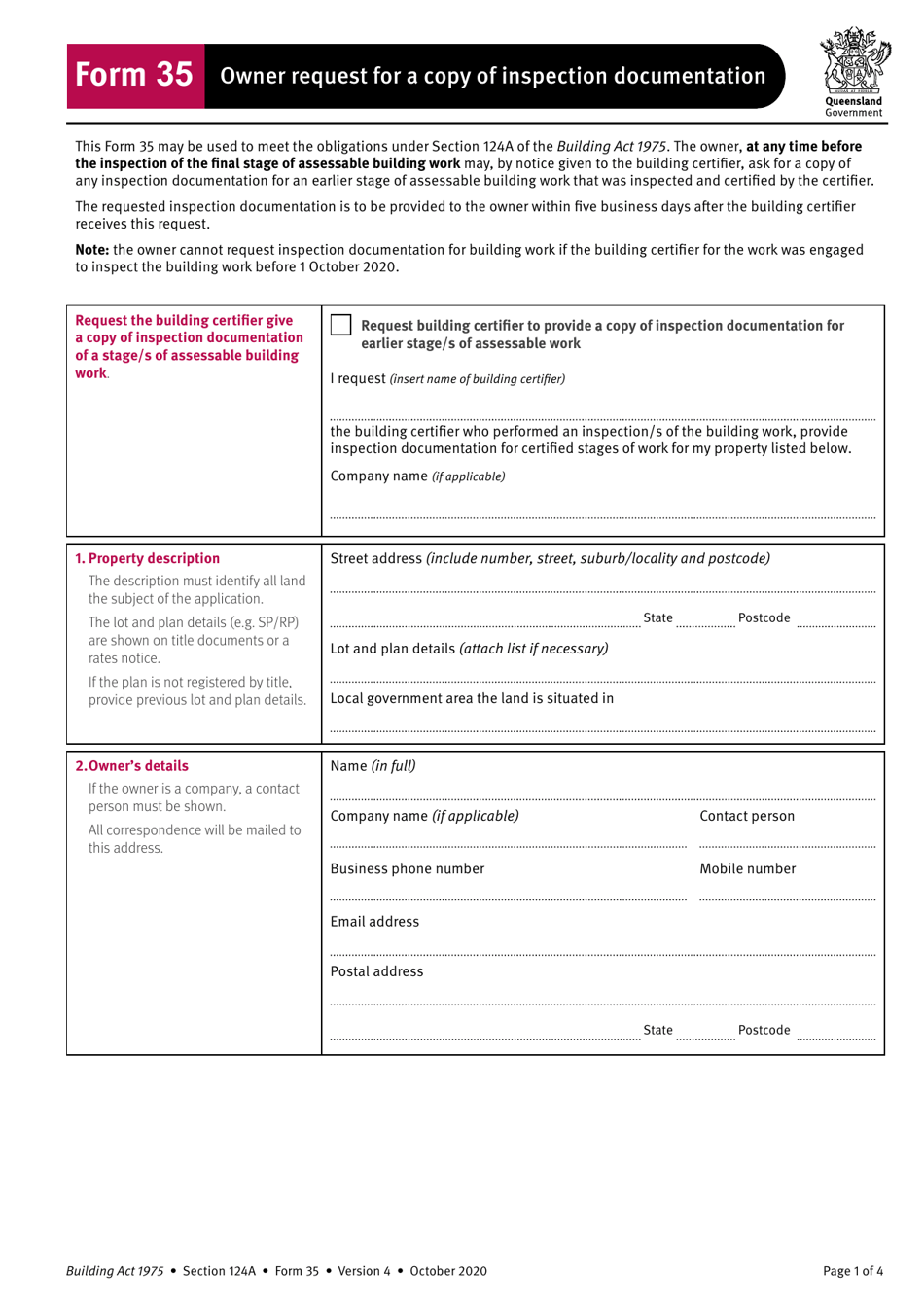 Form 35 Owner Request for a Copy of Inspection Documentation - Queensland, Australia, Page 1