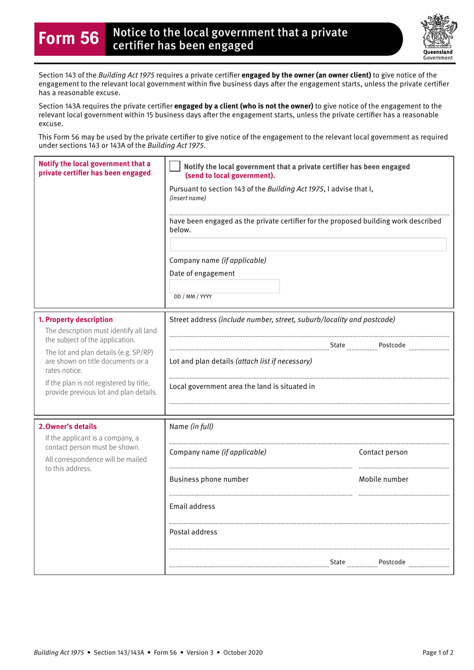 Form 56 Notice to the Local Government That a Private Certifier Has Been Engaged - Queensland, Australia, Page 1