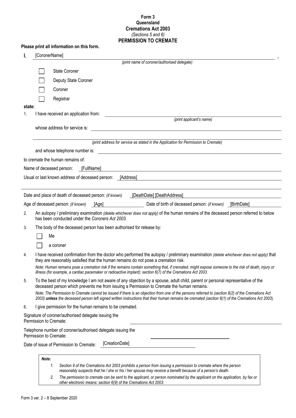 Form 3 Permission to Cremate - Queensland, Australia, Page 1