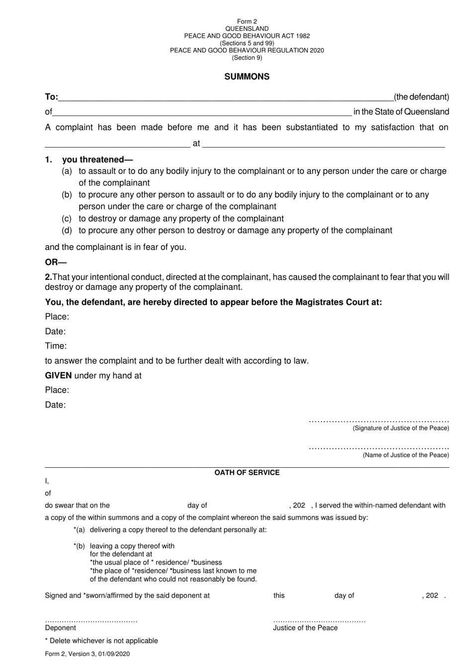 Form 2 Summons - Queensland, Australia, Page 1