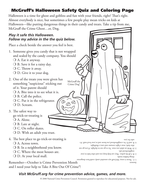 Mcgruff's Halloween Safety Quiz and Coloring Page - National Crime Prevention Council Download Pdf