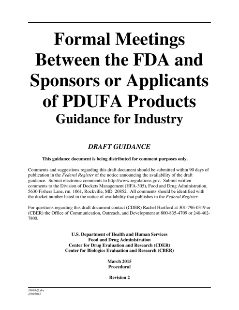 Formal Meetings Between the FDA and Sponsors or Applicants of Pdufa Products - Guidance for Industry Download Pdf