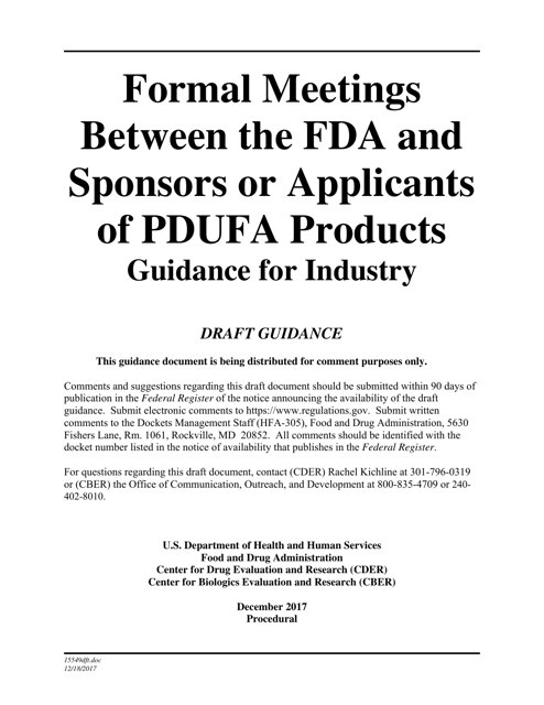 Formal Meetings Between the FDA and Sponsors or Applicants of Pdufa Products - Guidance for Industry
