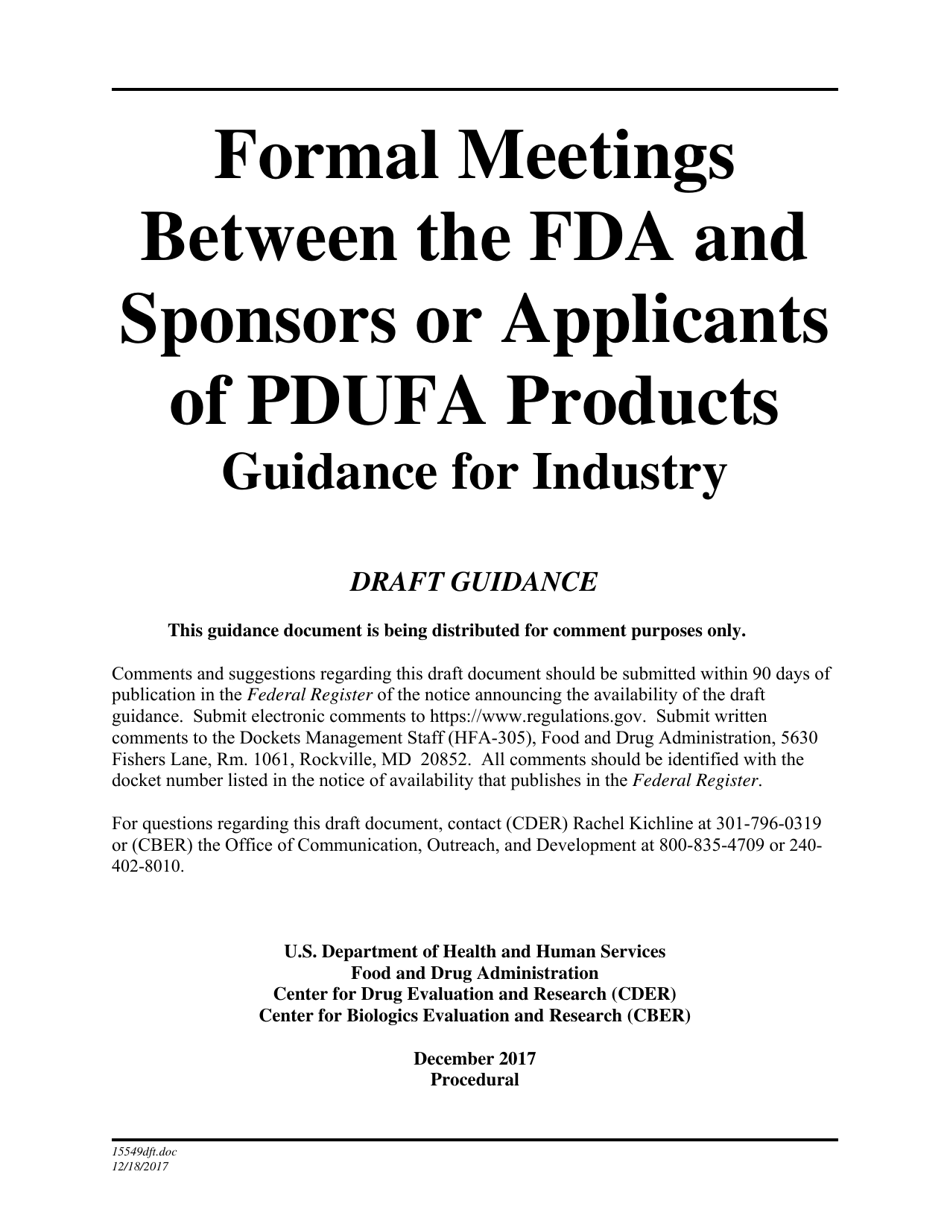 Formal Meetings Between the FDA and Sponsors or Applicants of Pdufa Products - Guidance for Industry, Page 1